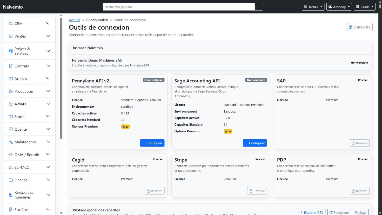 Écran des outils de connexion ConnectHub dans Nalvemio