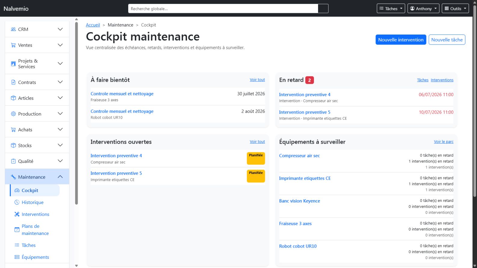 Écran de GMAO industrielle et maintenance préventive Nalvemio